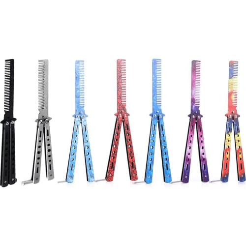 Foldable Comb Stainless Steel Practice Training Butterfly Knife Comb Beard Moustache Brusher Salon Hairdressing Styling Tools