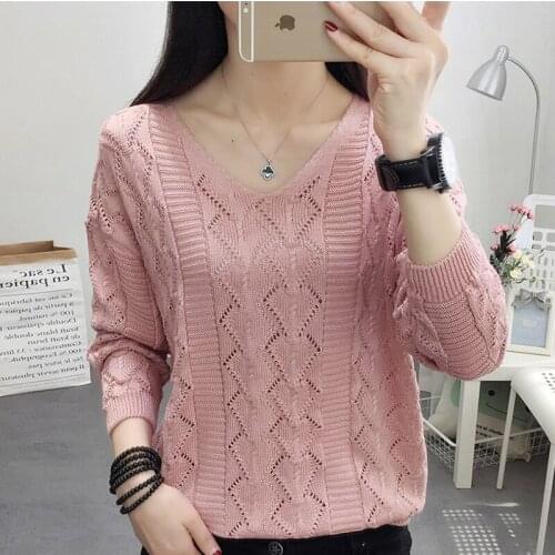 Harteen Spring Autumn 2021 Sweater Thin Hollow Ladies Long Sleeve v-Neck Sweater Pullover Casual Women Clothes Loose Top Femme