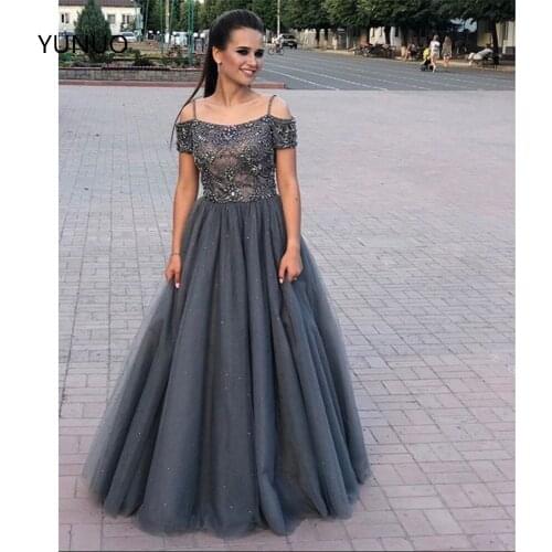 YUNUO Beaded Off the Shoulder Prom Dresses Tulle Long Cap Sleeves Evening Gowns vestidos de fiesta Zipper Back Full Length