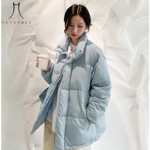 Heydress 2021 Lady Casual Oversize Winter White Jacket Women Stand Collar Thick Solid Teen Gril Female Coat Loose Warm Parkas