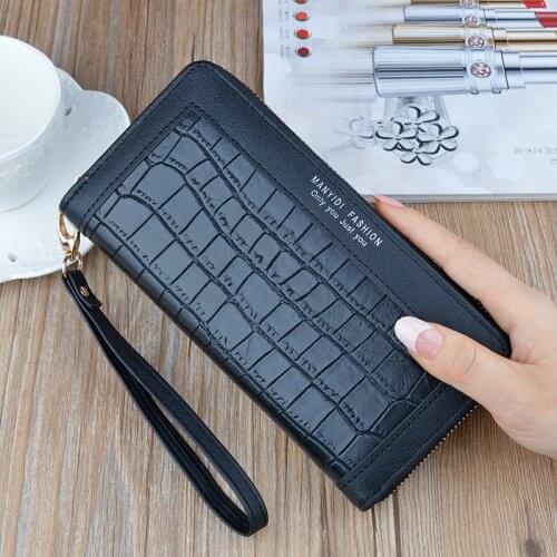 Women Crocodile Pattern Stitching Long Wallets Female Multifunction Zipper Coin Purses Solid Color Wristband Clutch Phone Bag
