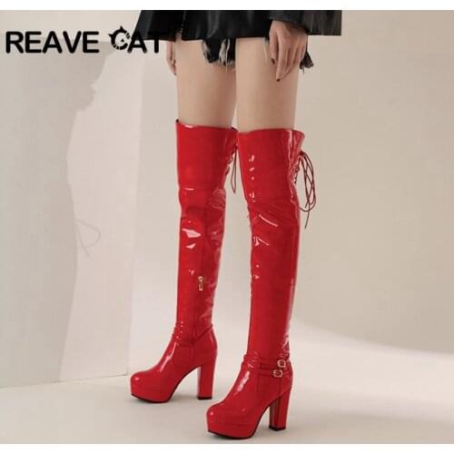 REAVEFCAT Autumn Winter sexy Over-the-Knee boots Round toe 10cm Square heels Patent Leather Zipper Big size 34-48 Club A3206