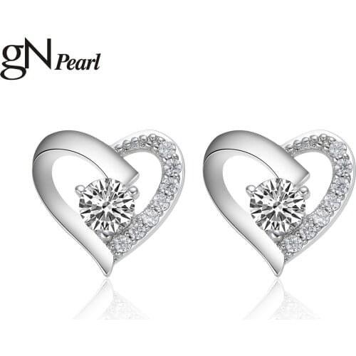GN Pearl Love Heart Earrings for Women Girls Sliver Zircon Romantic Jewelry Fashion Shiny Accessories Birthday Valentine Gifts