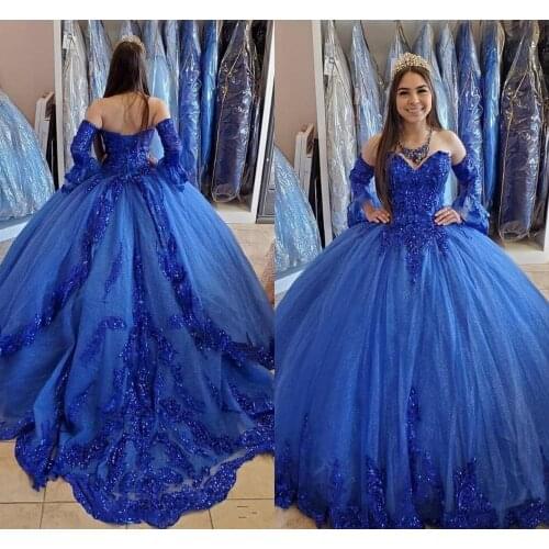 Royal Blue Puffy Sleeves Princess Quinceanera Dresses 2020 Sequin Applique Sweetheart Lace-up Corset Back Prom Sweet 16 Dress