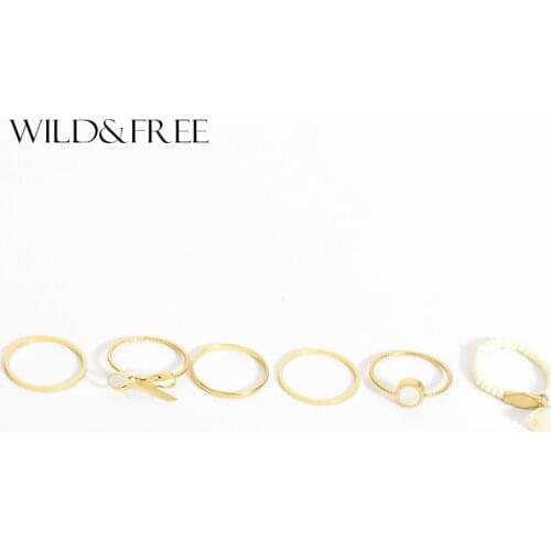 6 PCS Cute Bowknot Midi Ring Sets Fashion Jewelry Gold Punk Style White Beaded Shell Knuckle Rings For Women Girl Gift
