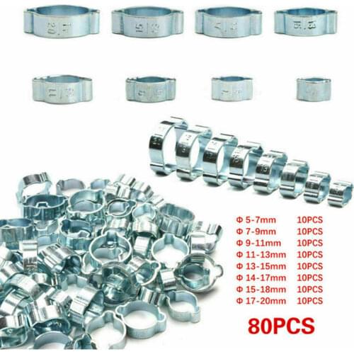 80Pcss/set 5-20mm Double Ear Clamp Fuel Oil Water Hose Clip Pipe Tube Carbon Steel Clamp Fastener Assortment Kit