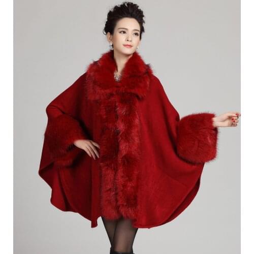 A011 European and American Women Winter Clothes Long Collar Shawl imitation fox fur collar knit Cardigan Coat Women Cloak