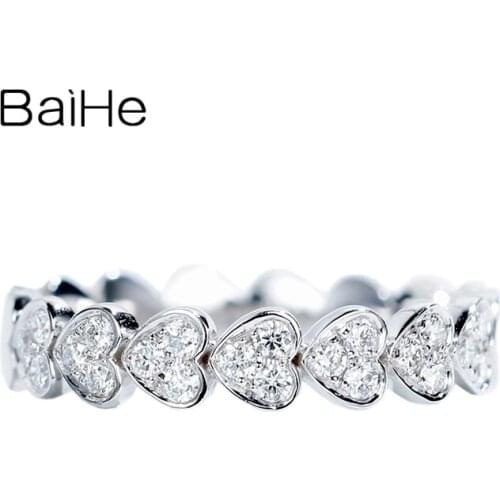 BAIHE Solid 14K White Gold 0.26ct/0.10ct H/SI Round CUT Natural Diamond Fine Jewelry Engagement Weddding Gift Heart ring Women