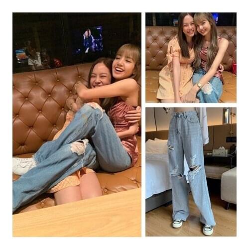 Kpop Seo Yea Ji IU Lee Ji Eun new hip hop broken hole Light blue jeans women summer streetwear loose wild Wide leg Denim Pants
