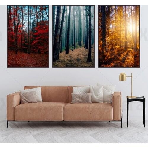 3 Pieces Beautiful Autumn Forest Maple Trees & Golden Sunlight Poster Modern Canvas Printing Painting Home Wall Decor Frameless