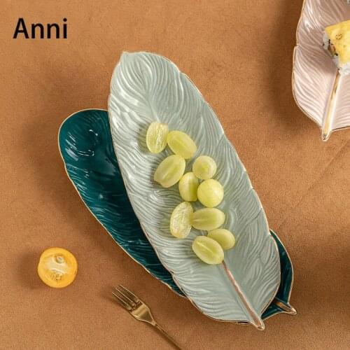 Creativity Gold Feather Trays Decorative Nordic Modern Relief Ceramic Dinner Plate Snacks Dessert Dishes Restaurant Serving Tray