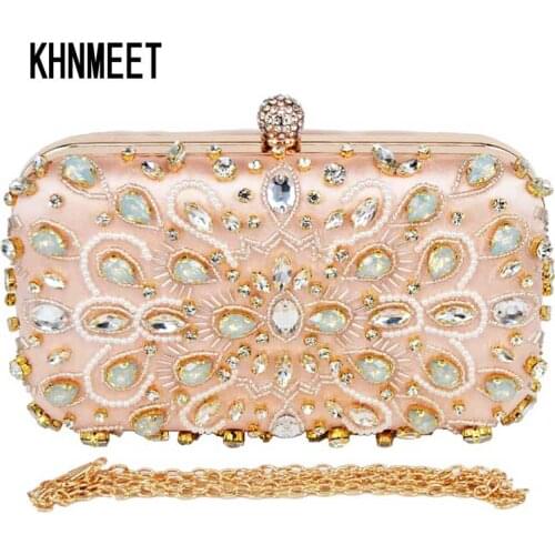 Fashion Beaded Crystal Evening Bag Can fit into Iphone Pink Satin Women Clutches Bags Peach Ladies Day Clutches Party Purse Z90