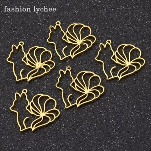 Fashion lychee 5pcs Cute Animals Nine Tailed Fox Charms Silver Gold Color Metal Hollow Frame For DIY Jewelry Making