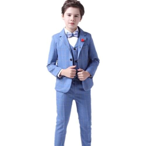 Sky Blue Plaid Classic Boys Suits For School Children Blazer Vest Pants Clothing Set Formal Teenager Suit For Party Prom Fashion