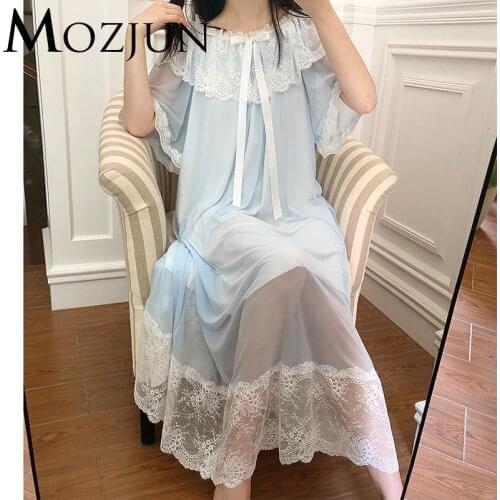 3 Color Princess Nightgown Lace Top Kawaii Crew Ncek Robe Nightdress Dress Sleeping Female Home Clothes Brand Mozjun #MZ103