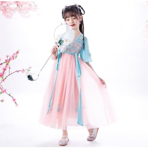 Spring, autumn and summer new Chinese style girls Hanfu dress, princess dress, big child, Tang suit, flower girl dress