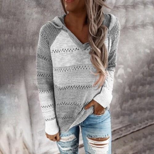 Autumn Womens Hooded Sweater Patchwork Hollow Out Knitted Loose Pullover Drawstring V-neck Ladies Casual Sweater Hoodie