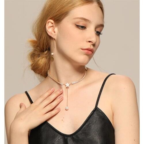 Artificial Pearl Stitching Necklace Female Niche Alloy Clavicle Chain Asymmetric Double Rhinestone Crystal Necklace Jewelry