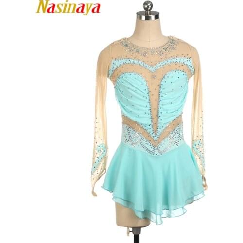 Figure Skating Dress Costume Customized Competition Ice Skating Skirt for Girl Women Kids Gymnastics Light blue shiny