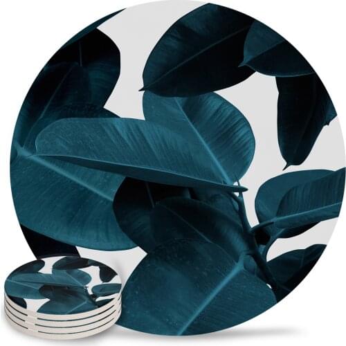 Indigo Plant Leaves Round Coaster Coffee Table Mats Kitchen Table Accessories Absorbent Ceramic Coasters