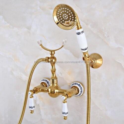 Polished Gold Bathroom Shower Faucet With Hand Held Shower Head Set Double Handles Wall Mounted Bathroom Faucet Nna928