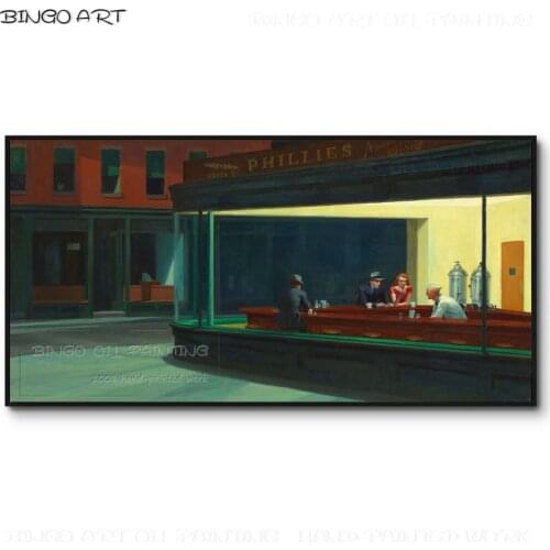 Professional Artist Hand-painted Edward Hopper Nighthawk Oil Painting Reproduce Famous Night Coffee Shop Nighthawk Oil Painting