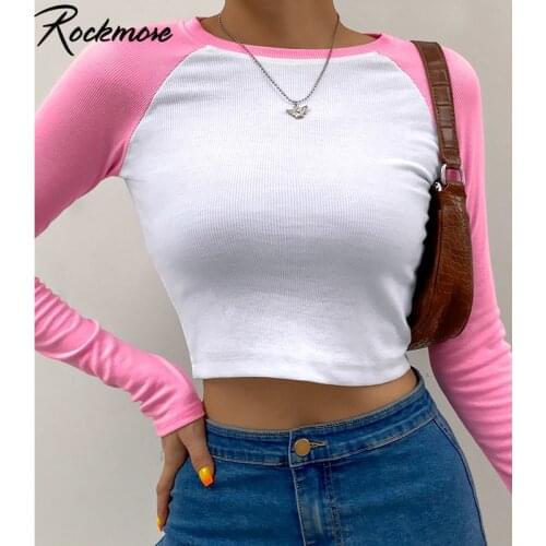 Rockmore Contrast Color Patchwork Kawaii T Shirts Long Sleeve Crop Tops Woman Y2K Aesthetic Casual Slim Basic Streetwear Tees
