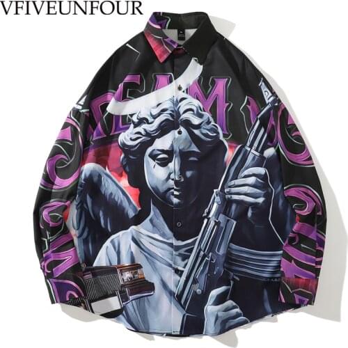 VFIVE UNFOUR Harajuku Hip Hop Shirts Graffiti Punk Rock Print Long Sleeve Blouse Streetwear Fashion Men Casual Loose Shirt Tops