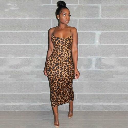 Sexy Cheetah Leopard Print Midi Dress Women Clothes Plus Size Vestido Elegant Spaghetti Strap Bodycon Night Club Dresses