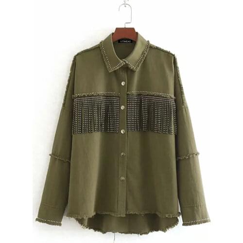 ZA Vintage Stylish Fringe Beaded Loose Denim Jacket Coat Women 2020 Fashion Long Sleeve Frayed Trim Ladies Outerwear