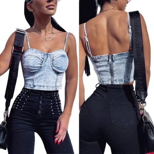 Sexy Women Camis Denim Half-corset Bralette Tube Front Zip Boat Neck Exposed Navel Femme High Streetwear