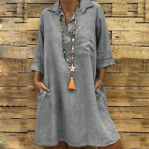 Women Vintage Shirt Dresses Summer Solid Loose Turndown Collar Three Quarter Sleeve Dress Female Pocket Casual Vestidos S-5XL