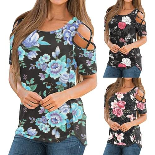 Women Short Sleeve Exposed One Shoulder Round Neck Sexy T-shirt Beautiful Flowers Print Blouse Top Daliy All-match Girls T-shirt