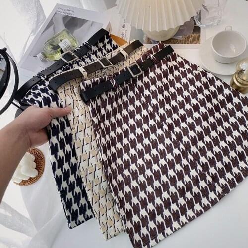 Autumn new style Korean casual retro fashion A-line high waist houndstooth contrast color skirt women