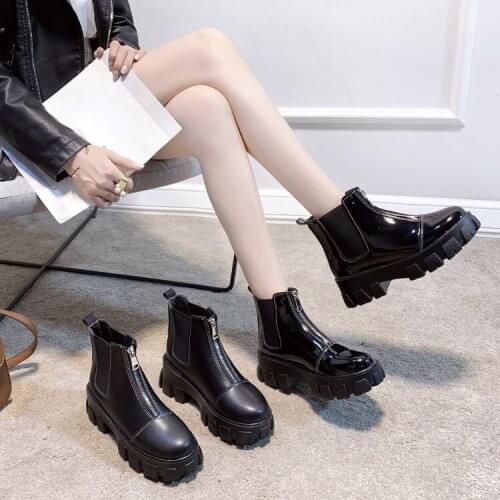 Womens boots fashion new spring and autumn platform ankle boots thick heel short tube middle heel round head zipper short boots