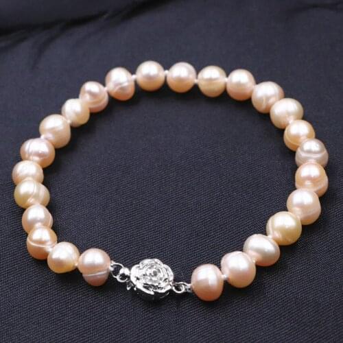 2019 Natural Pearl Beads Bracelet Bangle 7-8mm Lovely Rose Flowers Clasp Wrist Female Fashion Bracelets Orange Jewelry 7.5" A755