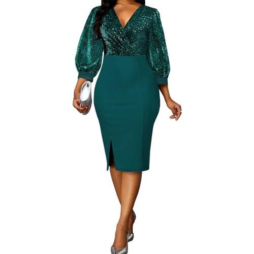 Woman Dress 2021 Spring Vintage Sexy V-Neck Bright Silk Long Party Dress Casual Plus Size Slim Office Pencil Bodycon Dresses 5XL