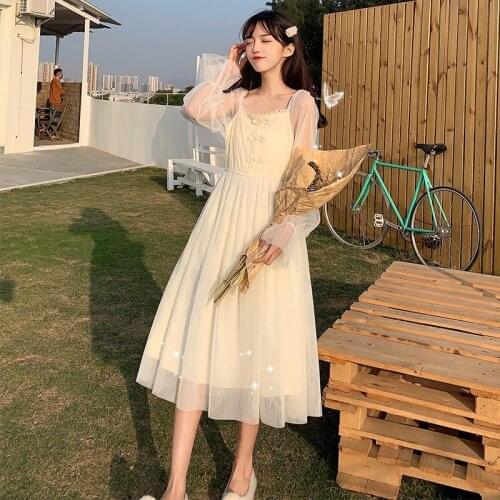 Cutout Long-Sleeved Dress Womens Autumn French Square Collar Lace Frog Mesh kawaii clothing sweet lolita dress renaissance