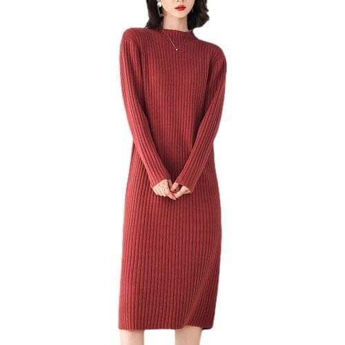 New High Quality Sweater Dress for Women Knee-length Solid Color O-Neck Pullover Thick Autumn and Winter Brief Red Pink Black