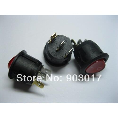 10 pcs Rocker Switch 3pin 6A ON-OFF Circular Black with Red LED Light