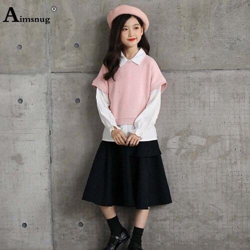 Aimsnug 2021 Kids Clothes Baby Girls 3PCS Outfits Autumn Pink Sweater Long Sleeve Blouse Children Party Three pieces skirt sets