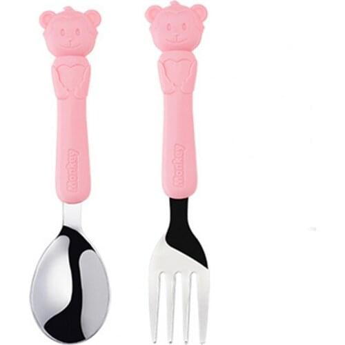 Kids Tableware Cartoon Animal Portable Utensils Baby Training Spoon Fork Stainless Steel Children Babies Dinnerware Food Feeding