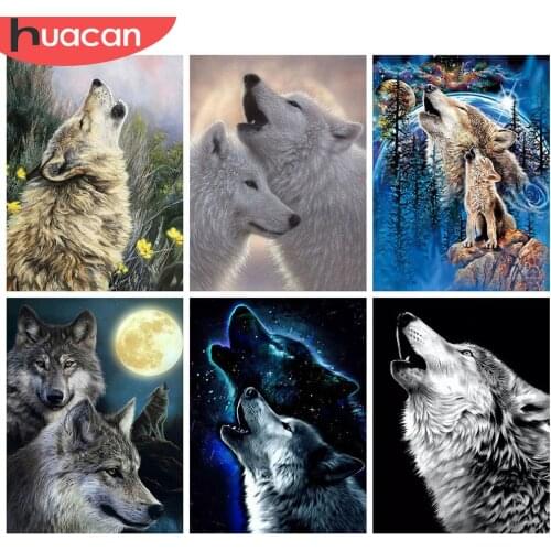HUACAN Full Square/Round Diamond Painting Wolf DIY 5D Diamond Embroidery Cross Stitch Animal Mosaic Moon Wall Art Handicraft