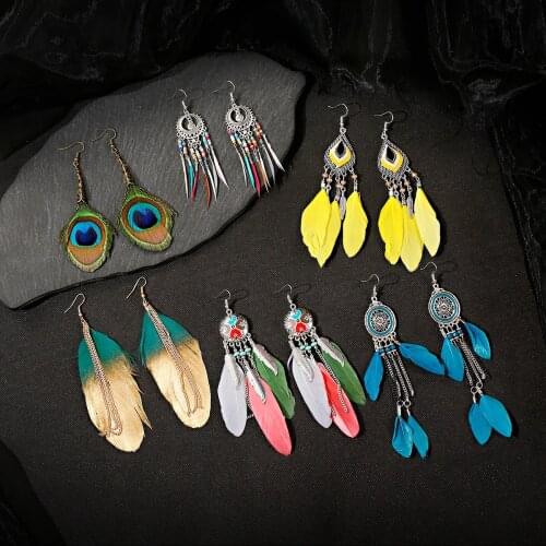 Indian Jewelry Feather Earrings For Women Tassel Chain Boho Earring Long Pendientes Ear Rings Pierce Vintage Aesthetic Hanging