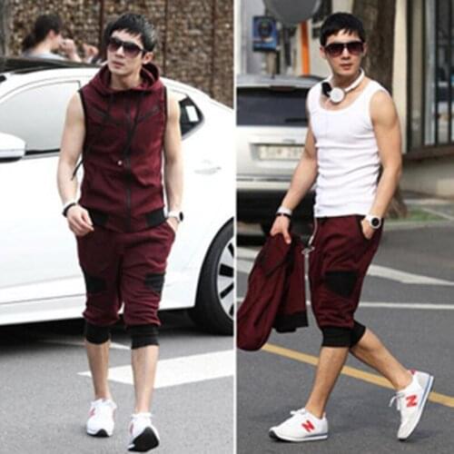 Mens Sleeveless Suit Color Matching Sports Suit Fashion Sleeveless Hooded Sports Sweater Comfortable Simplicity Trend Casual