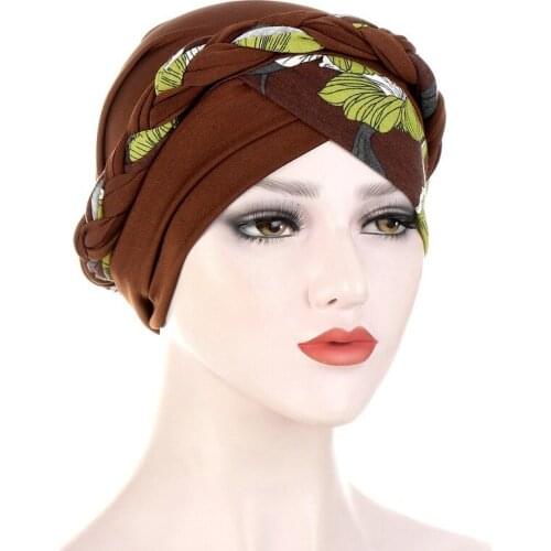 Cross Fronthead Braids Turban Hat Flower Print Muslim Hijab Scarf Female Head Wraps Islam Headwear India Hat Chemo Caps
