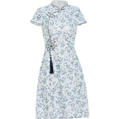 Summer chinese women evening party dress modern cheongsam short sleeve party gray lace qipao dress