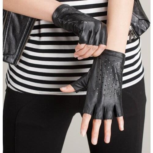 Fashion Holes Decoration Genuine Leather Gloves Women Summer Breathable Driving Gloves Half Finger Leather Gloves Ladies AGD522