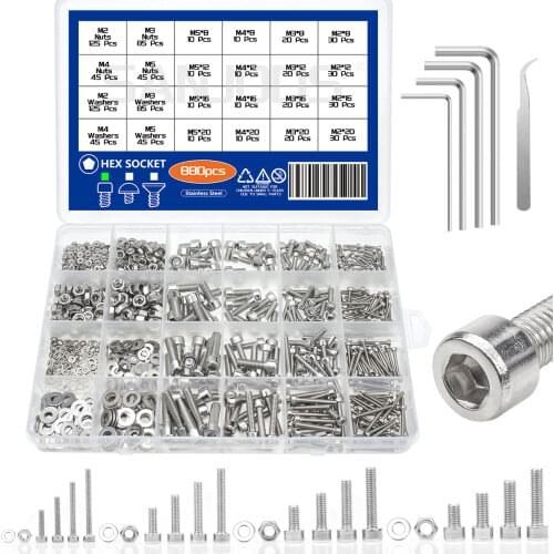 304 Stainless Steel M2 M3 M4 M5 Hex Socket Head Cap Screws Nuts and Flat Washer Assortment Kit with Allen Wrench 880PCS