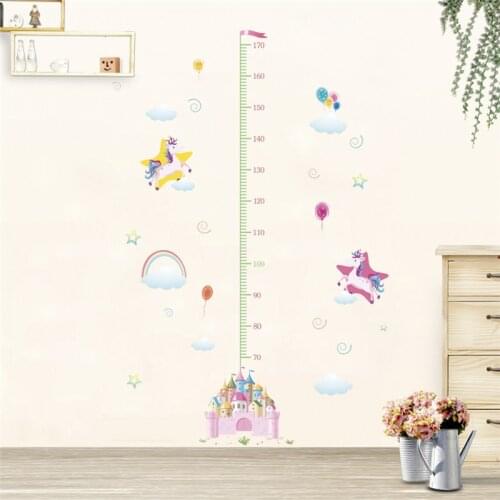Lovely Unicorn Castle Growth Chart Wall Stickers For Kids Room Home Decor Cartoon Safari Mural Art Diy Height Measure Wall Decal